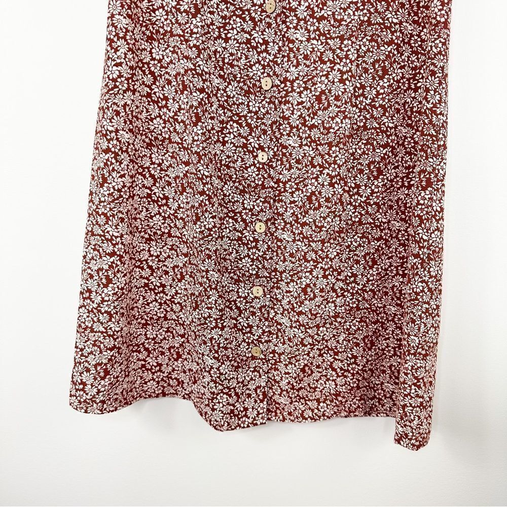 Montreal Rust Colored Patterned Button Up Ruffle‎ Short Sleeve Peasant Dress - Picture 4 of 14